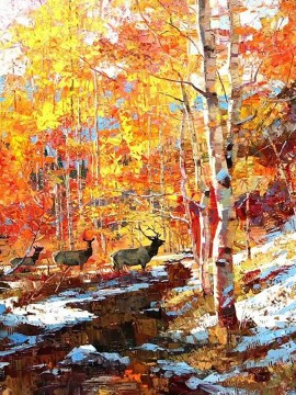 Artworks in 150 Subjects Painting - Deer Textured Red Yellow Trees Autumn by Knife 11